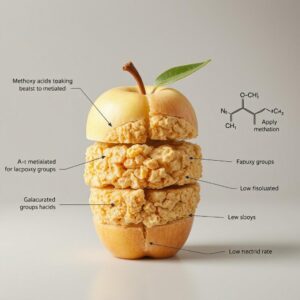 Een wetenschappelijke illustratie van appelpectine die wordt gefermenteerd door het darmmicrobioom, met nadruk op bacteriën zoals Bifidobacteria en Lactobacilli en de productie van korteketenvetzuren (SCFA's) zoals acetaat, propionaat en butyraat.