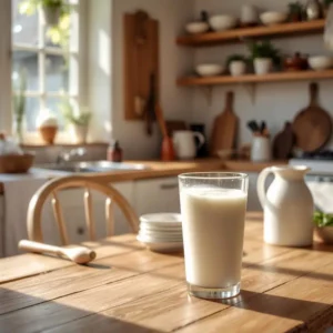 Een glazen pot met wit poeder op een houten tafel, met een fles melk en een lepel ernaast als decoratie.