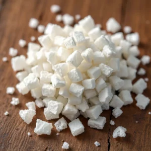 Close-up van polydextrosepoeder, een synthetische oplosbare vezel gebruikt in voeding en gezondheidsproducten vanwege zijn unieke eigenschappen.