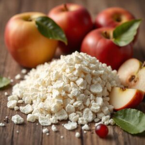 Een afbeelding van het productie- en extractieproces van appelpectine, inclusief appelresten zoals schillen en pulp, en het uiteindelijke fijn poeder dat wordt gebruikt in voedingsmiddelen.