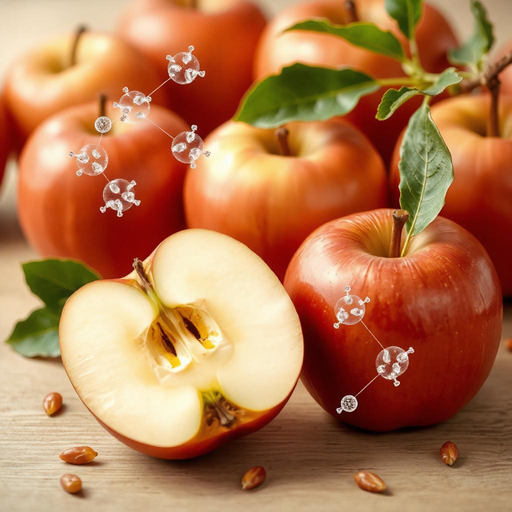 Close-up van een doorgesneden appel en appelresten, die appelpectine symboliseren, een oplosbare vezel uit de celwanden van appels.