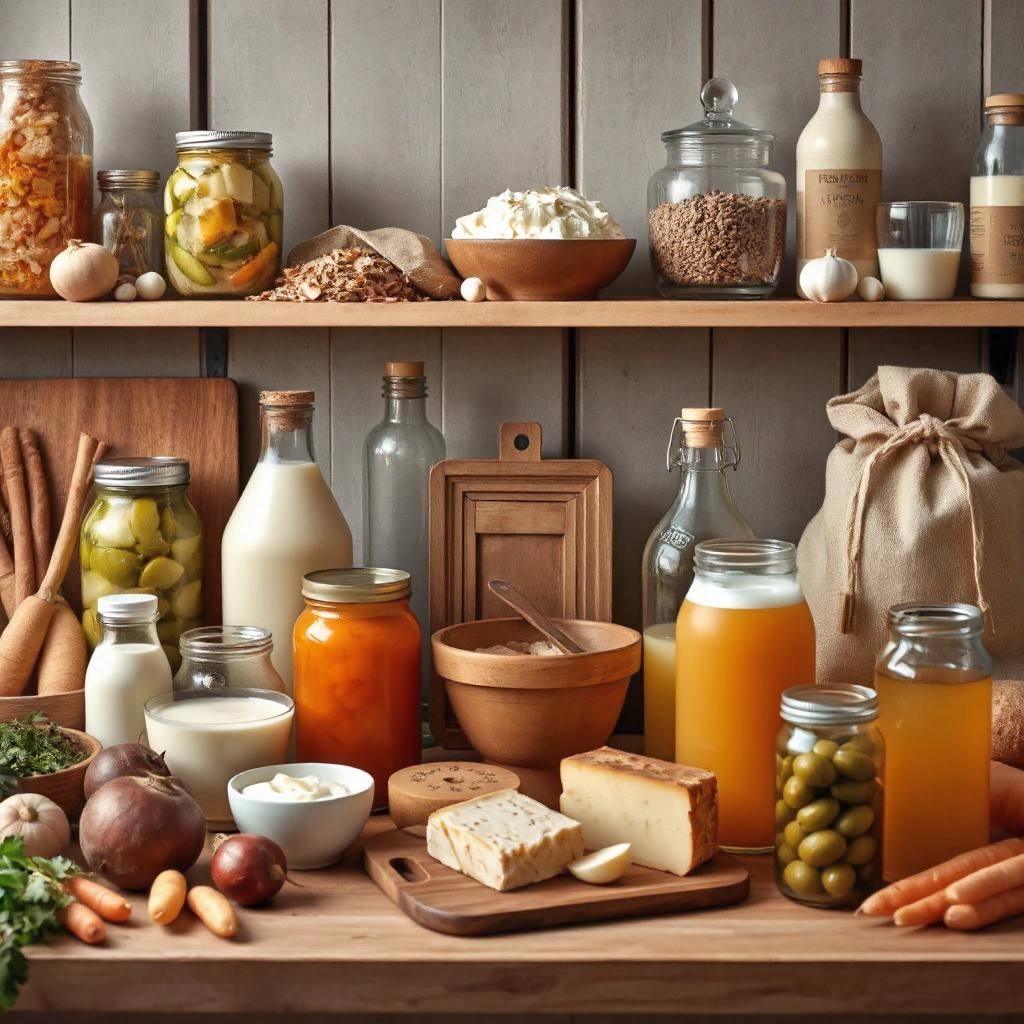 Een verzameling gefermenteerde voedingsmiddelen zoals zuurkool, kimchi, yoghurt en gefermenteerde augurken, die Lactobacillus plantarum kunnen bevatten.