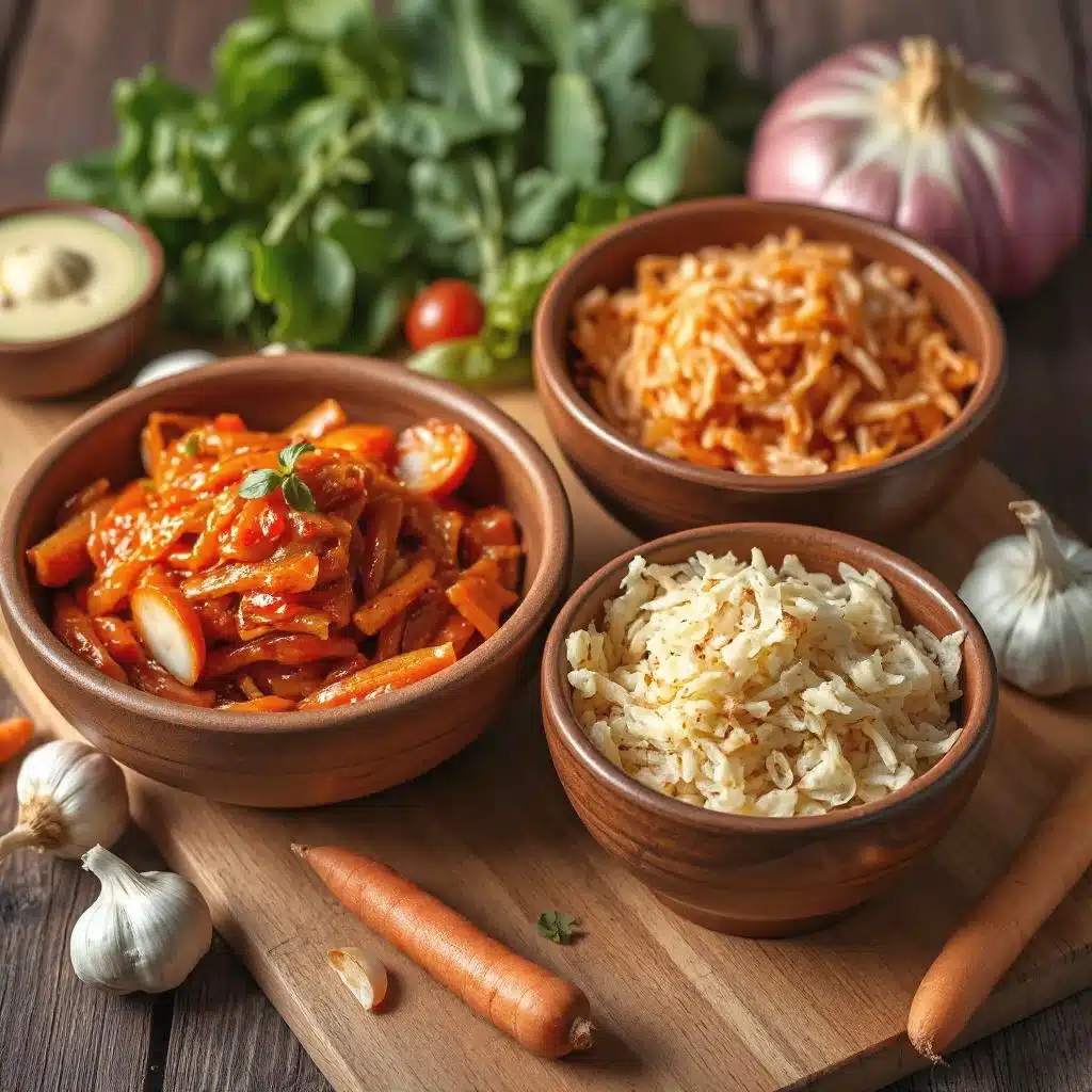 Een assortiment van gefermenteerde groenten, waaronder rode kimchi en gele zuurkool, gepresenteerd in rustieke kommen op een houten tafel.