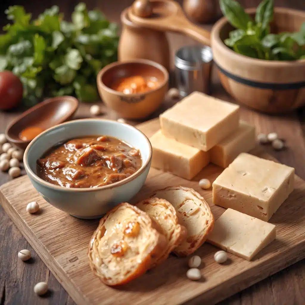 Gefermenteerde sojaproducten zoals miso en tempeh op een houten tafel, vergezeld van verse kruiden en sojabonen.