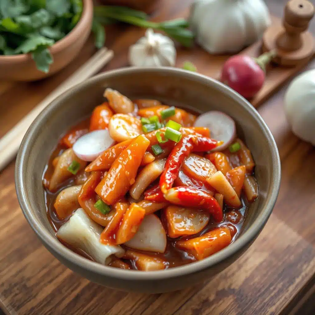 Kimchi in een traditionele keramische kom, met napa-kool, radijs en een pittige rode chilipasta, omgeven door authentieke Koreaanse keukenaccessoires.