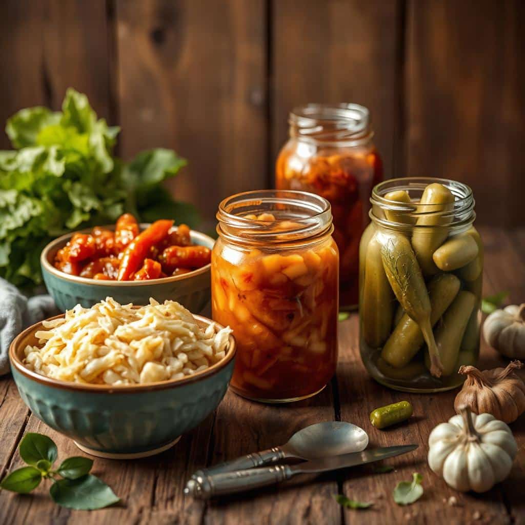 Close-up van gefermenteerde voedingsmiddelen zoals zuurkool, kimchi en augurken, die bekend staan om hun rijke probiotische eigenschappen.