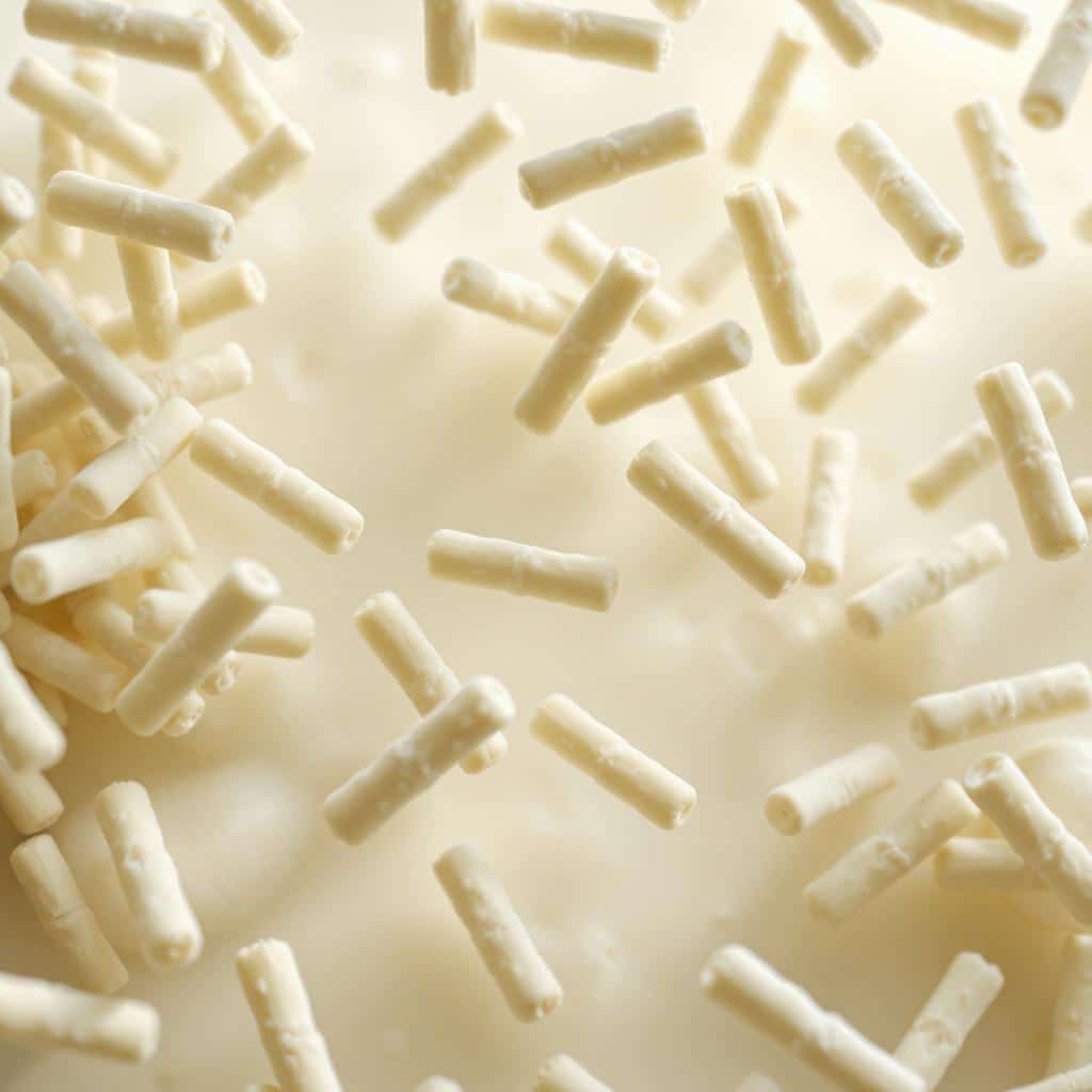 Microscopische weergave van Lactobacillus helveticus, een melkzuurbacterie die actief bijdraagt aan de fermentatie van zuivelproducten zoals kaas en yoghurt.