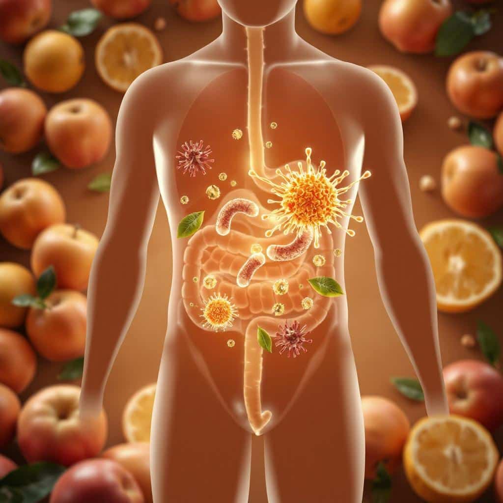 Illustratie van de synergie tussen Lactobacillus reuteri en pectine voor een gezonde darmflora en immuunondersteuning.