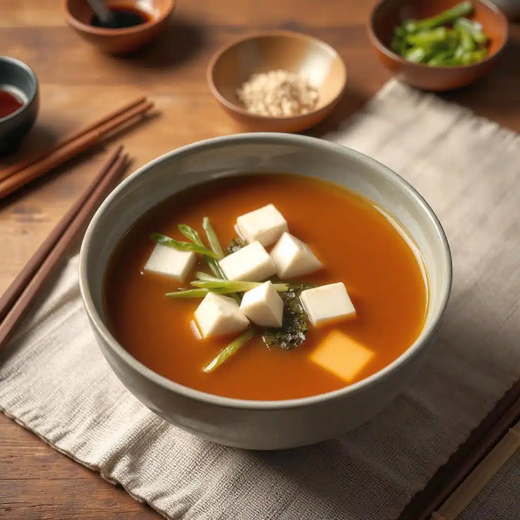 Een kom traditionele Japanse misosoep met tofu, wakame zeewier en fijngesneden lente-ui, geserveerd in een keramische schaal.