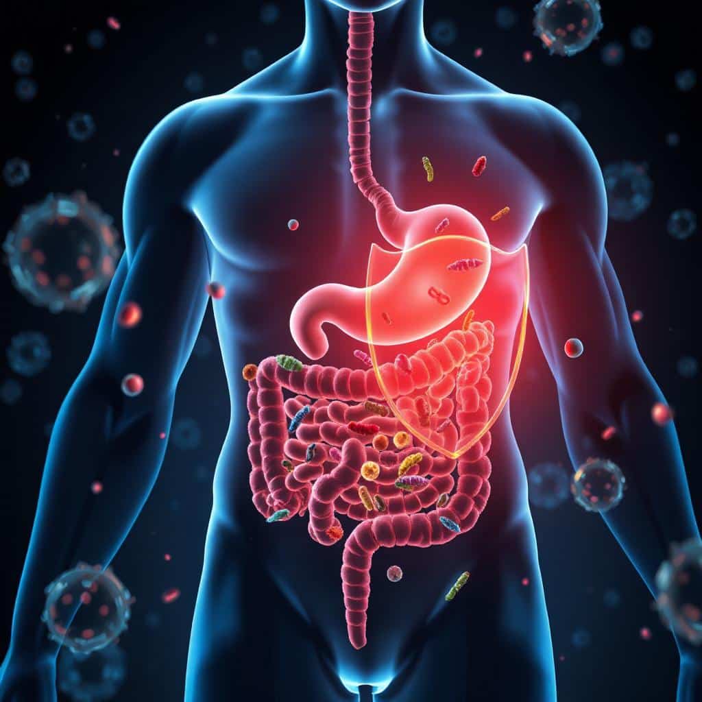 Illustratie van Lactobacillus rhamnosus en inuline die samenwerken om darmgezondheid en immuunsysteem te ondersteunen.