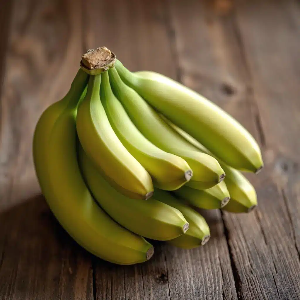Een tros onrijpe groene bananen op een rustieke houten ondergrond, met een frisse en natuurlijke uitstraling.