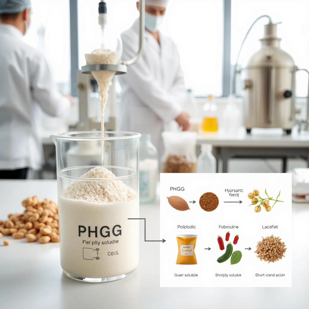 Een glazen beker gevuld met helder water waarin gedeeltelijk gehydrolyseerde guargom (PHGG) is opgelost, omringd door zaden van de guarplant.