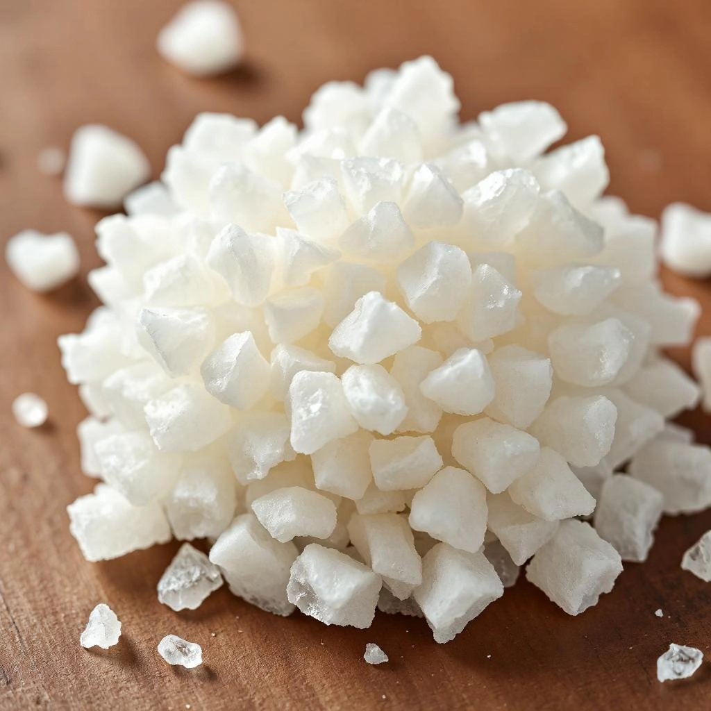 Close-up van polydextrosepoeder, een synthetische oplosbare vezel gebruikt in voeding en gezondheidsproducten vanwege zijn unieke eigenschappen.