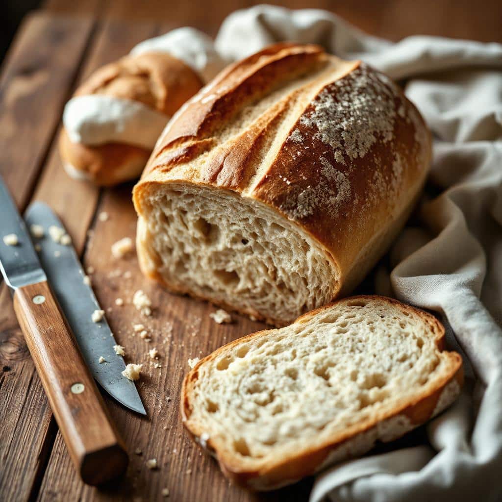 Close-up van gefermenteerde voedingsmiddelen zoals zuurdesem, kefir en kimchi, weergegeven op een rustieke tafel, met zichtbare textuur en kleurdetails.
