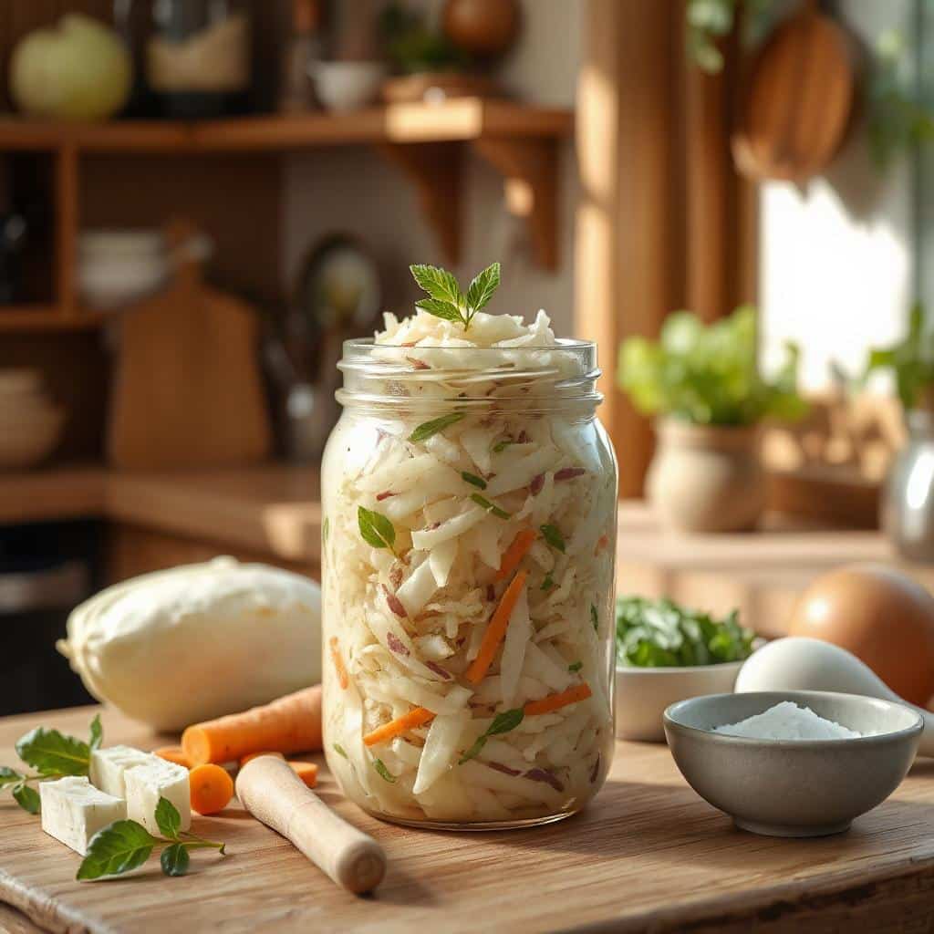 Close-up van gefermenteerde zuurkool in een glazen pot, omringd door verse witte kool en wortels, symbolisch voor fermentatie en gezonde voeding.