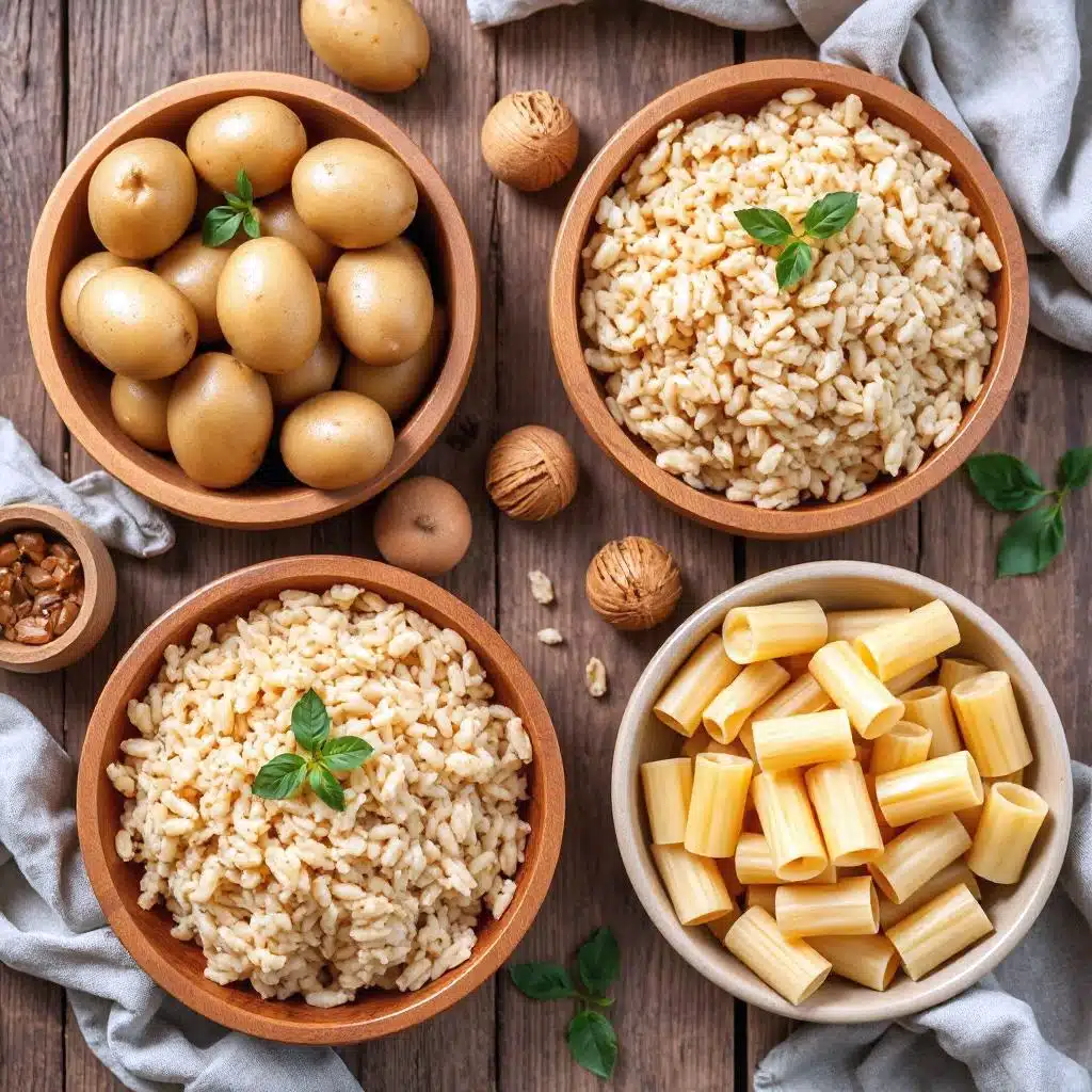 Een compositie van gezonde ingrediënten zoals onrijpe bananen, gekookte en afgekoelde aardappelen, rijst en pasta, symboliserend natuurlijke bronnen van resistente zetmelen.