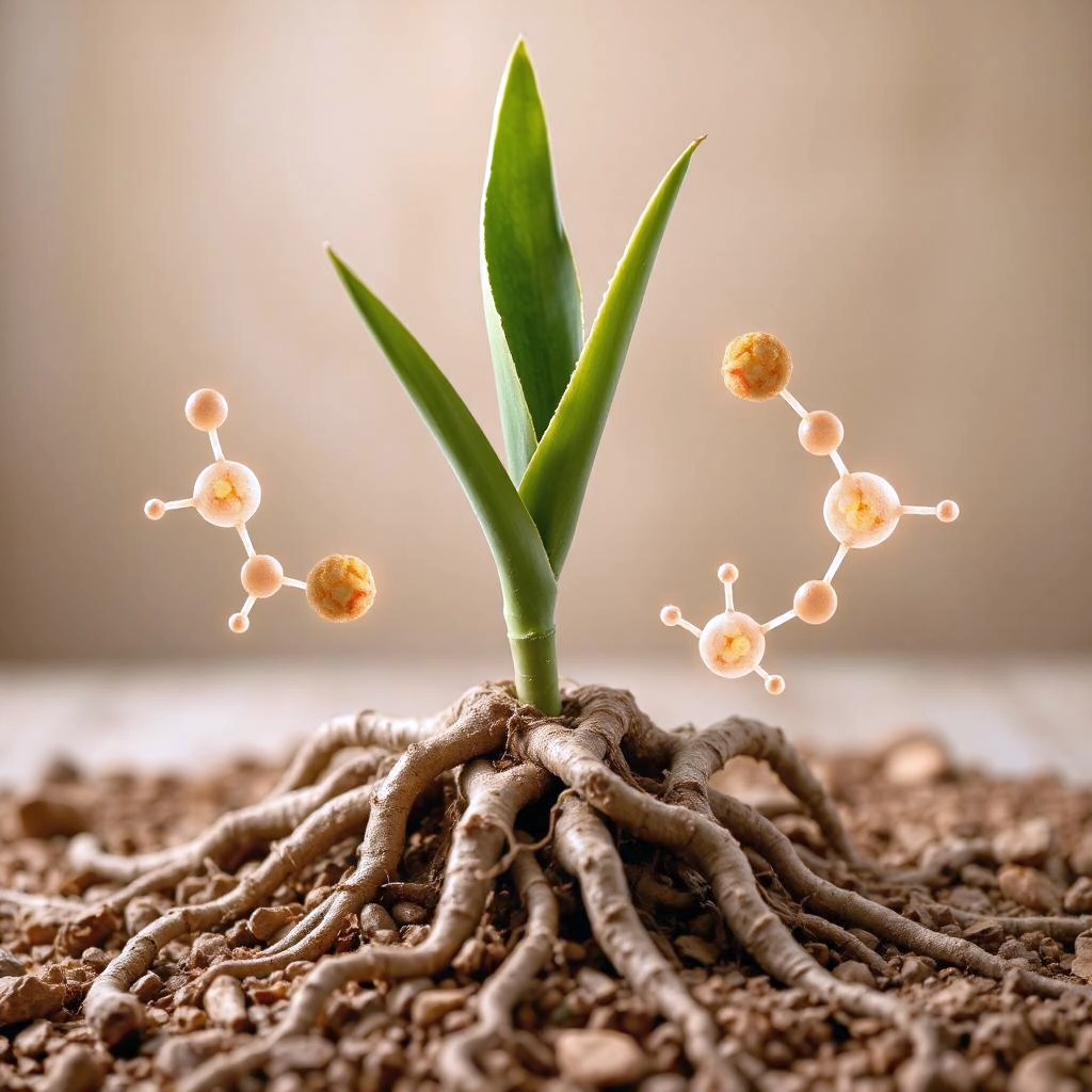 Close-up van een agaveplant met wortels, die symbool staat voor de natuurlijke bron van agave inuline, een oplosbare vezel met microbiële interacties.