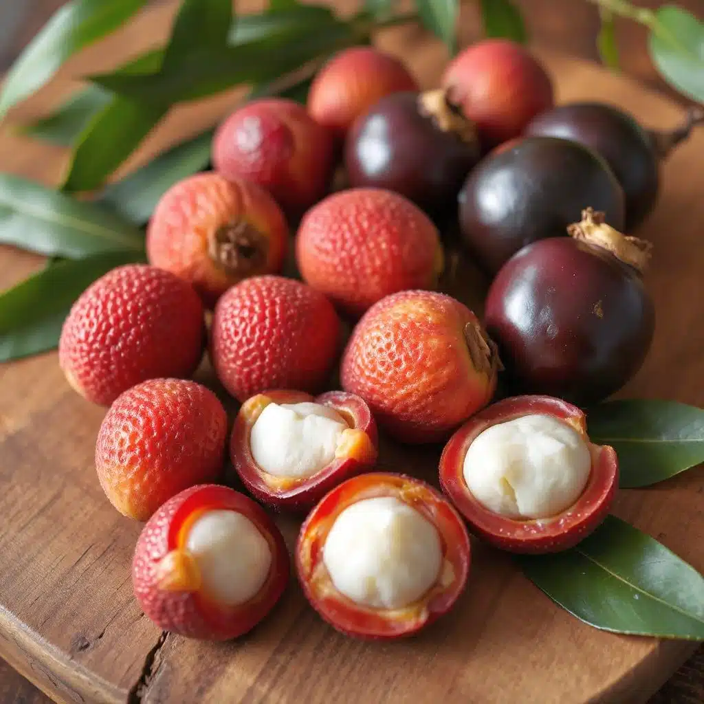 Een potje probiotische supplementen met Saccharomyces boulardii, omringd door tropische lychees en mangosteen als natuurlijke bron.