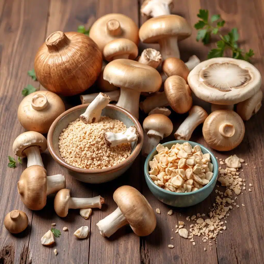 Een selectie van verse paddenstoelen zoals shiitake, oesterzwammen en champignons, naast een kom met gistkorrels op een rustieke houten tafel.