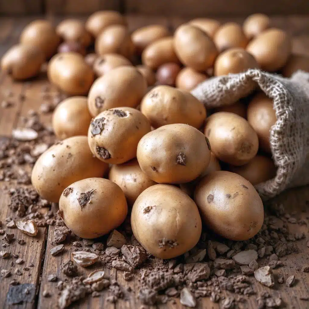 Een selectie van rauwe aardappelen en groene bananen, natuurlijke bronnen van resistent zetmeel, rustend op een rustieke houten tafel.