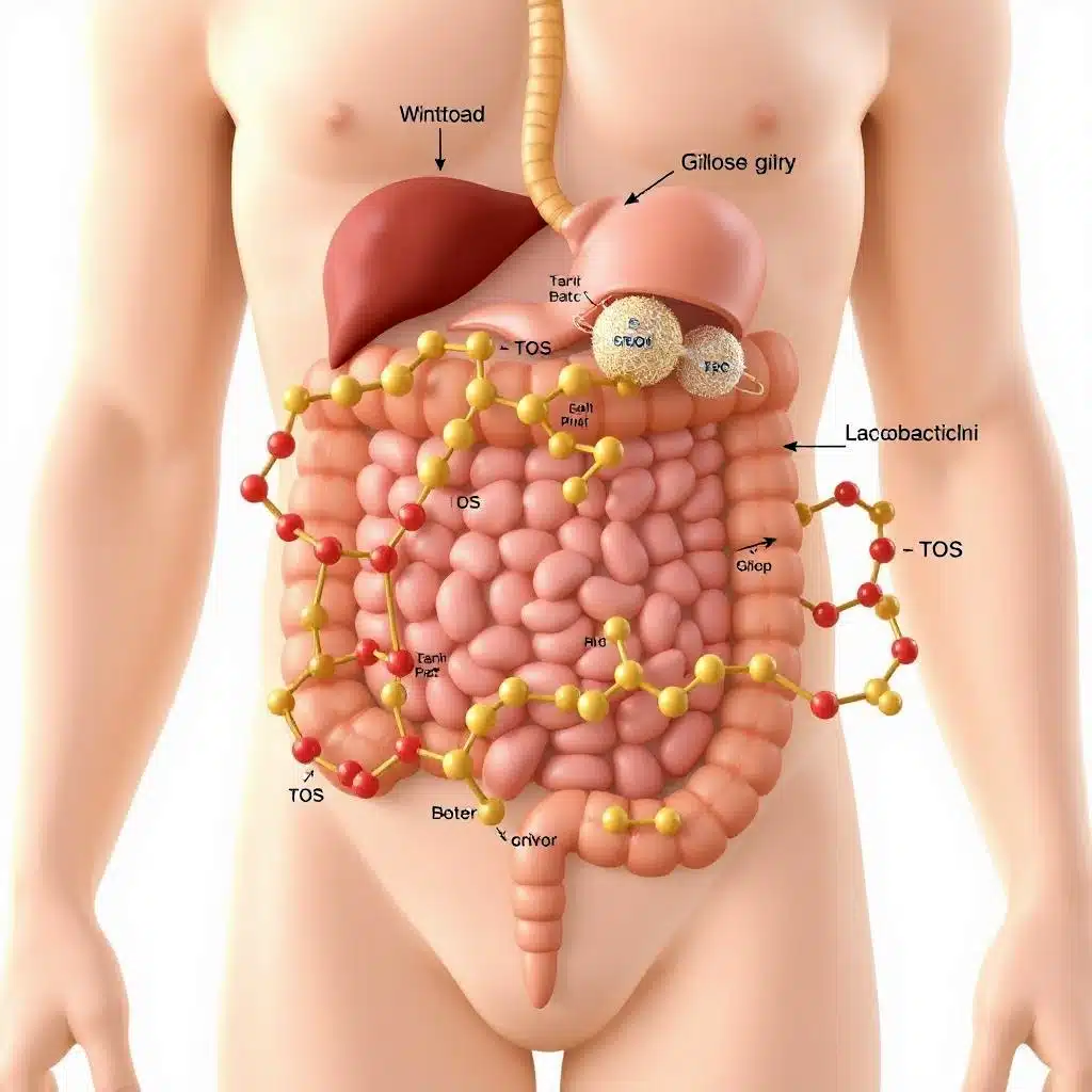 Een wetenschappelijke illustratie van trans-galacto-oligosachariden (TOS), weergegeven als moleculaire structuren in interactie met darmbacteriën.