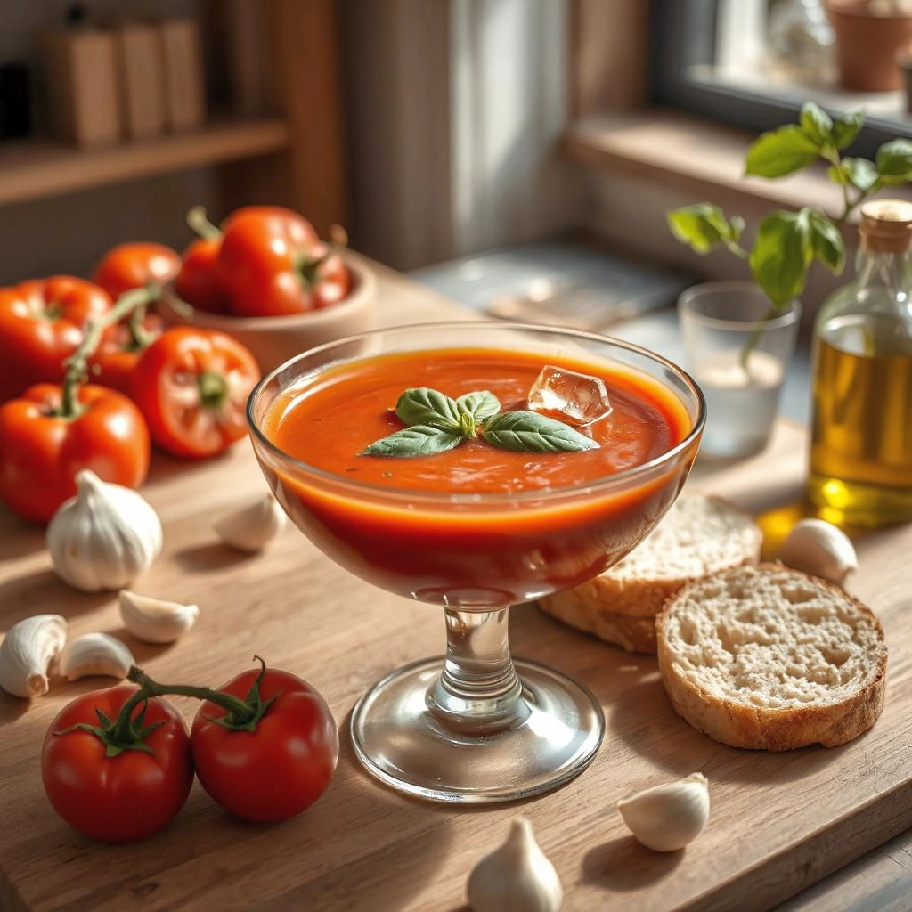 Een verfrissend bord appelpectine-tomaat gazpacho, een zijdezachte, koude soep met een levendige rode kleur, gegarneerd met basilicumblaadjes en een scheutje olijfolie.