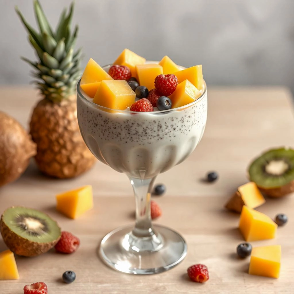 Een romige chia-pudding, gegarneerd met kleurrijke tropische vruchten zoals mango, passievrucht en kiwi, voor een verfrissend en gezond dessert.