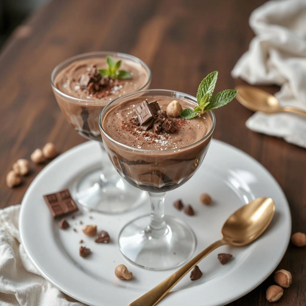 Een romige Hazelnoot Inuline Chocolademousse geserveerd in een elegant glas, gegarneerd met geroosterde hazelnoten, chocoladeschilfers, en een blaadje verse munt.