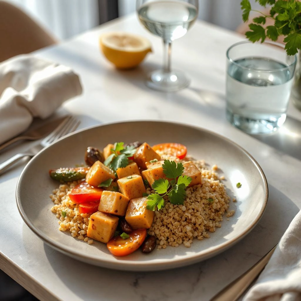 Een bord met gouden quinoa, kleurrijke gemengde groenten en knapperige tempeh, gegarneerd met verse koriander. Het gerecht wordt geserveerd op een elegante tafel met bestek en een linnen servet.