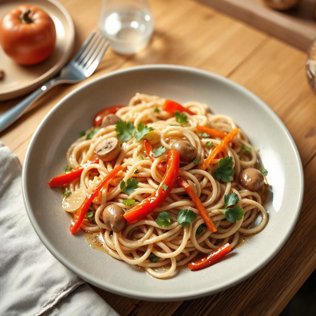Een prachtig gepresenteerd bord met udon-noedels, vergezeld van kleurrijke groenten zoals rode paprika, shiitake-paddenstoelen en julienne wortel, gegarneerd met verse koriander.
