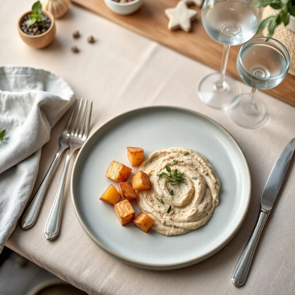 Een bord met krokante, goudbruin gebakken aardappelblokjes en romige linzen-bloemkoolpuree, gegarneerd met verse peterselie, geserveerd op een stijlvolle tafel.