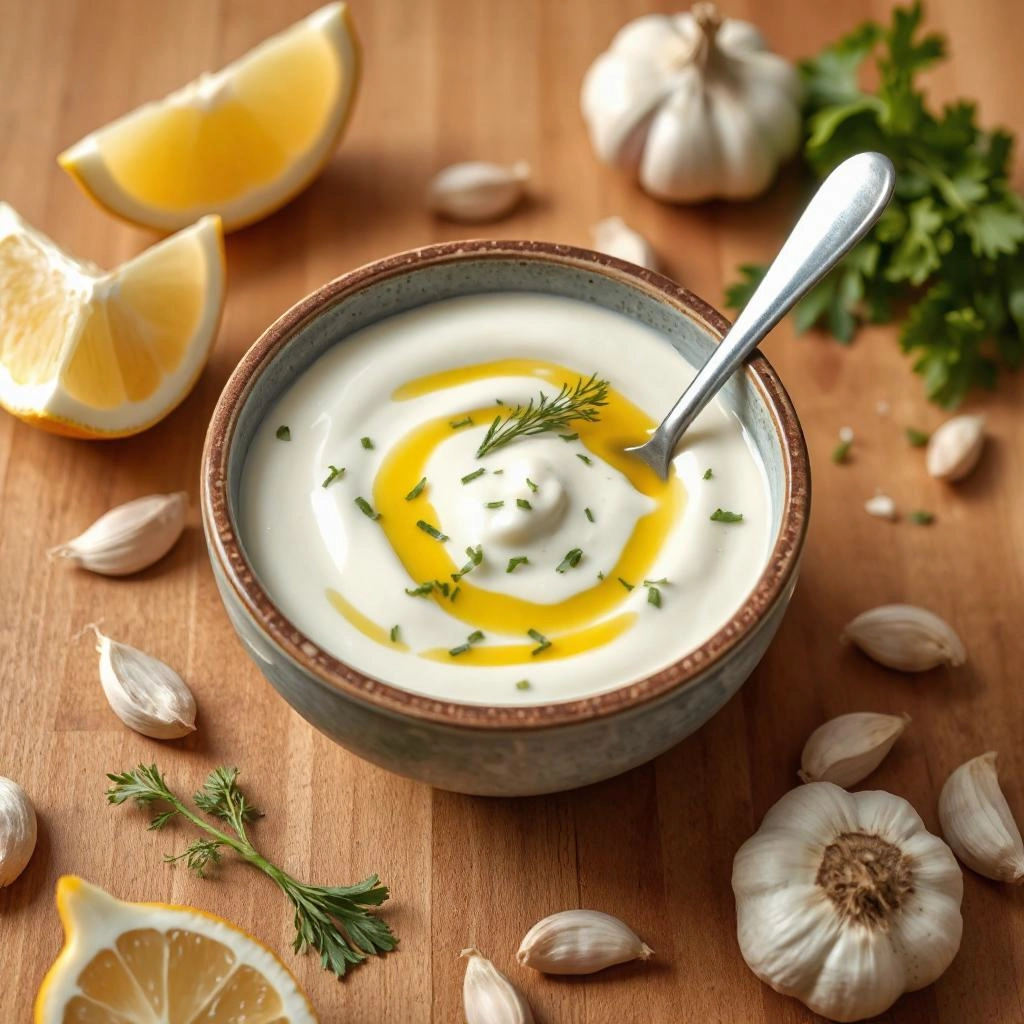 Een romige kruidendip van yoghurt, met verse kruiden zoals peterselie en dille, gegarneerd met een scheutje olijfolie en een vleugje peper.