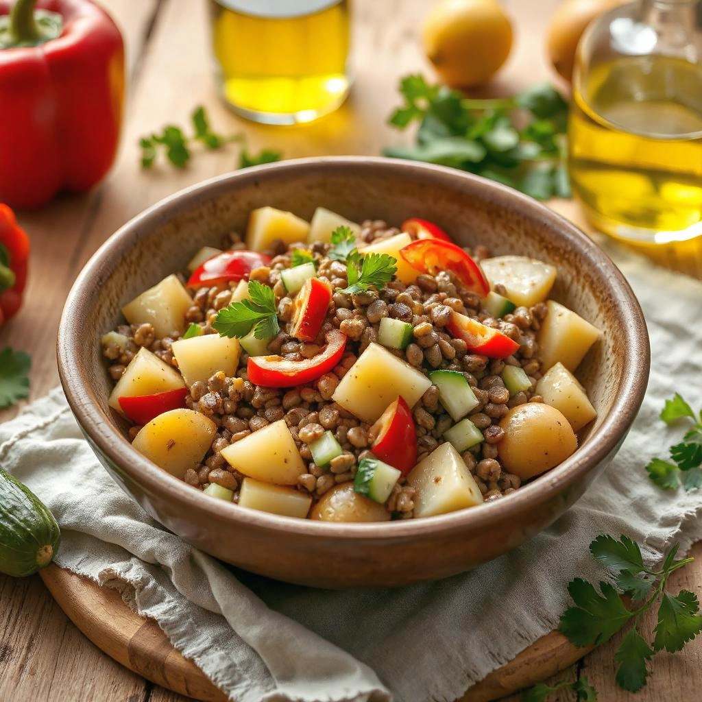 Een kleurrijke aardappel-linzensalade met blokjes aardappel, linzen, rode paprika, komkommer, rucola en gehakte peterselie, besprenkeld met dressing.