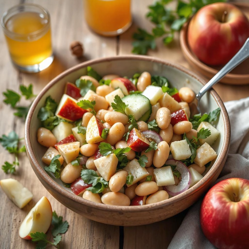 Een kleurrijke vegan appel-bonensalade met cannellinibonen, stukjes appel, komkommer, rode ui, rucola en een glanzende pectinesaus.