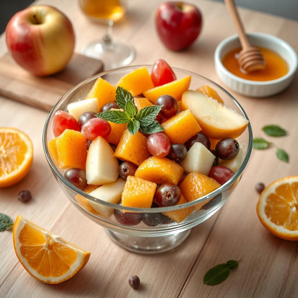 Een kleurrijke fruitsalade met appelblokjes, sinaasappelpartjes, gehalveerde druiven en muntblaadjes, geglazuurd met honing en citroensap.