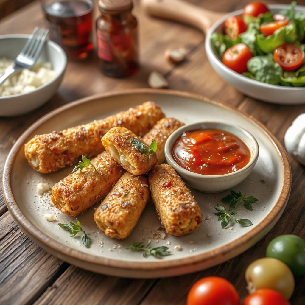 Goudbruine gefermenteerde groentekroketjes, geserveerd met een pittige tomatensaus en een frisse salade, perfect gegarneerd met Provençaalse kruiden.