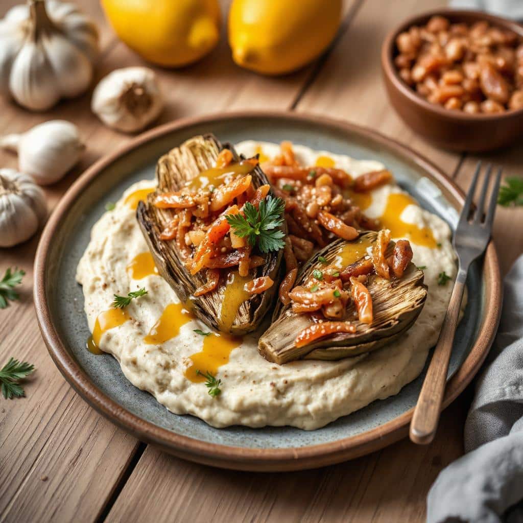Gegrilde artisjokharten op een romige witte bonenspread, gegarneerd met gefermenteerde groenten, een mosterd-dressing en verse peterselie.