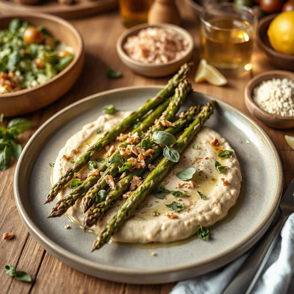 Gegrilde groene asperges op een romige bonenspread, gegarneerd met een probiotische kruidenolie en verse basilicum en dille.