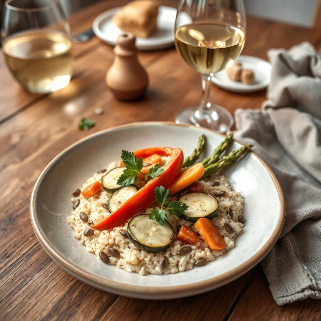 Een verfijnde tafelsetting met een viergangen vegan menu: romige aardpeersoep met krokante topping, geroosterde cichorei-risotto met seizoensgroenten, frisse salade met artisjok en citroendressing, en zoete polenta cake met peer compote.