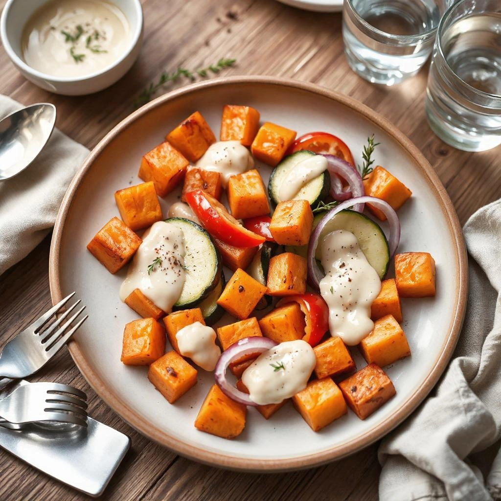 Een kleurrijk bord met geroosterde groenten zoals zoete aardappel, paprika, courgette en rode ui, overgoten met een romige inuline saus en gegarneerd met verse tijm.