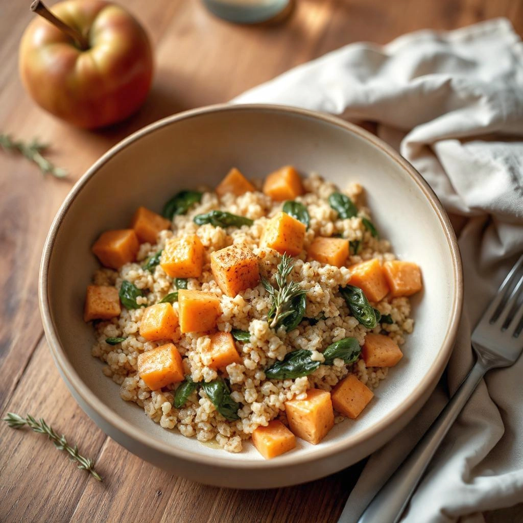 Een bord vegan appelpectine risotto, rijkelijk gegarneerd met verse tijm, gerookte paprika en een glanzende textuur, geserveerd in een moderne schaal.