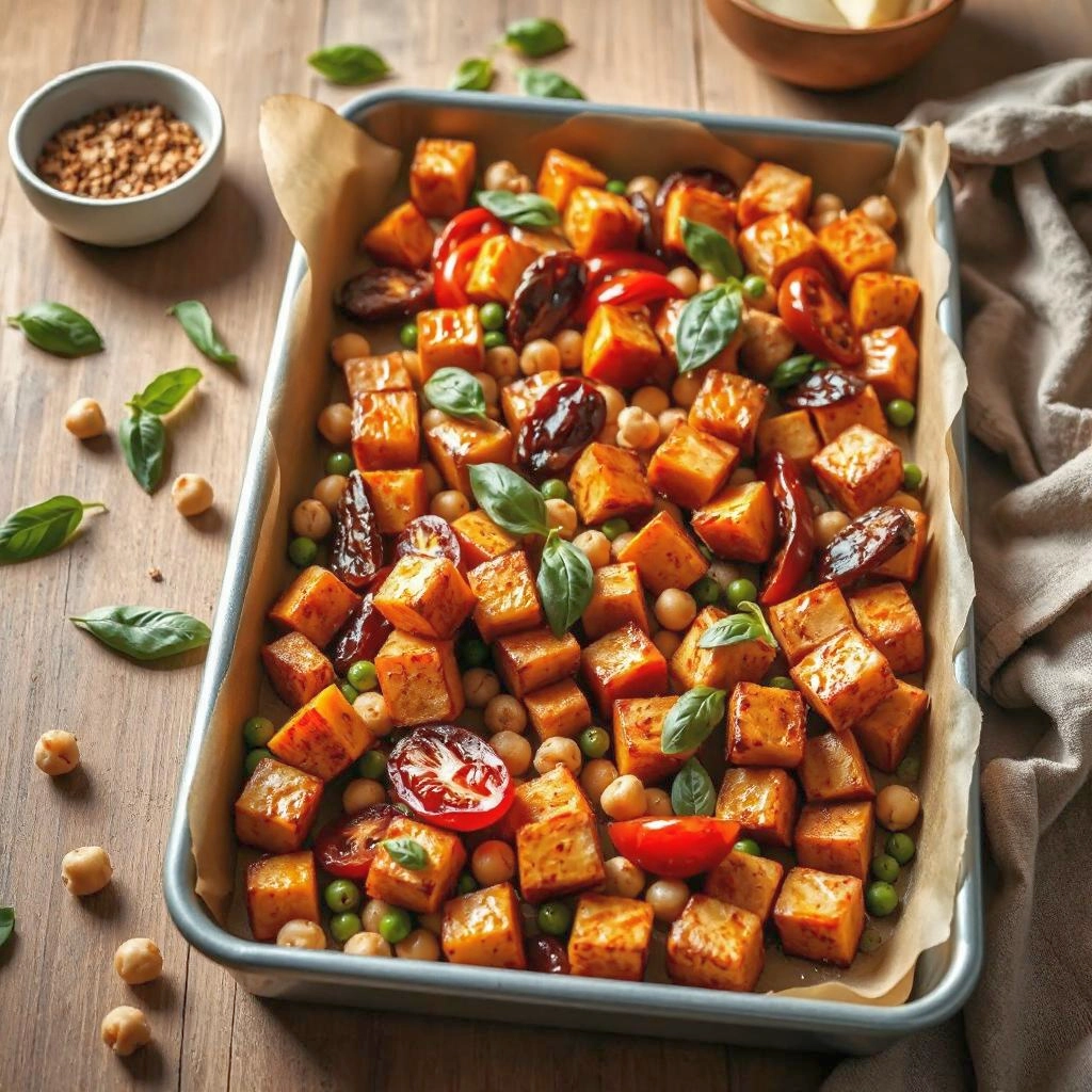Een kleurrijke geroosterde groenten medley met goudbruine zoete aardappelen, gegrilde rode paprika, krokante kikkererwten, doperwten en zongedroogde tomaten, gegarneerd met verse basilicum.