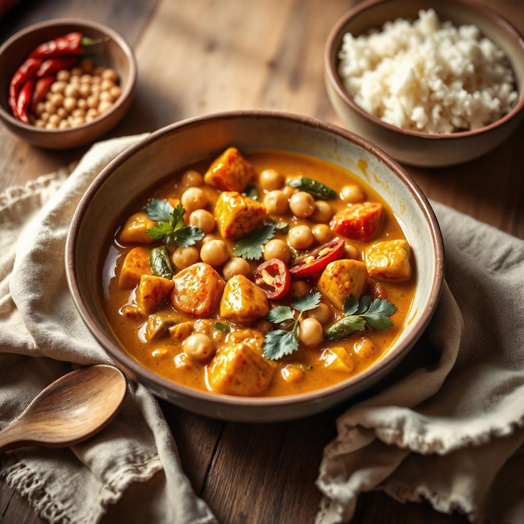 Hoofdgerecht van groentecurry met jasmijnrijst, gemaakt van kleurrijke groenten zoals courgette, wortel, en kikkererwten in een romige kokosmelkbasis.