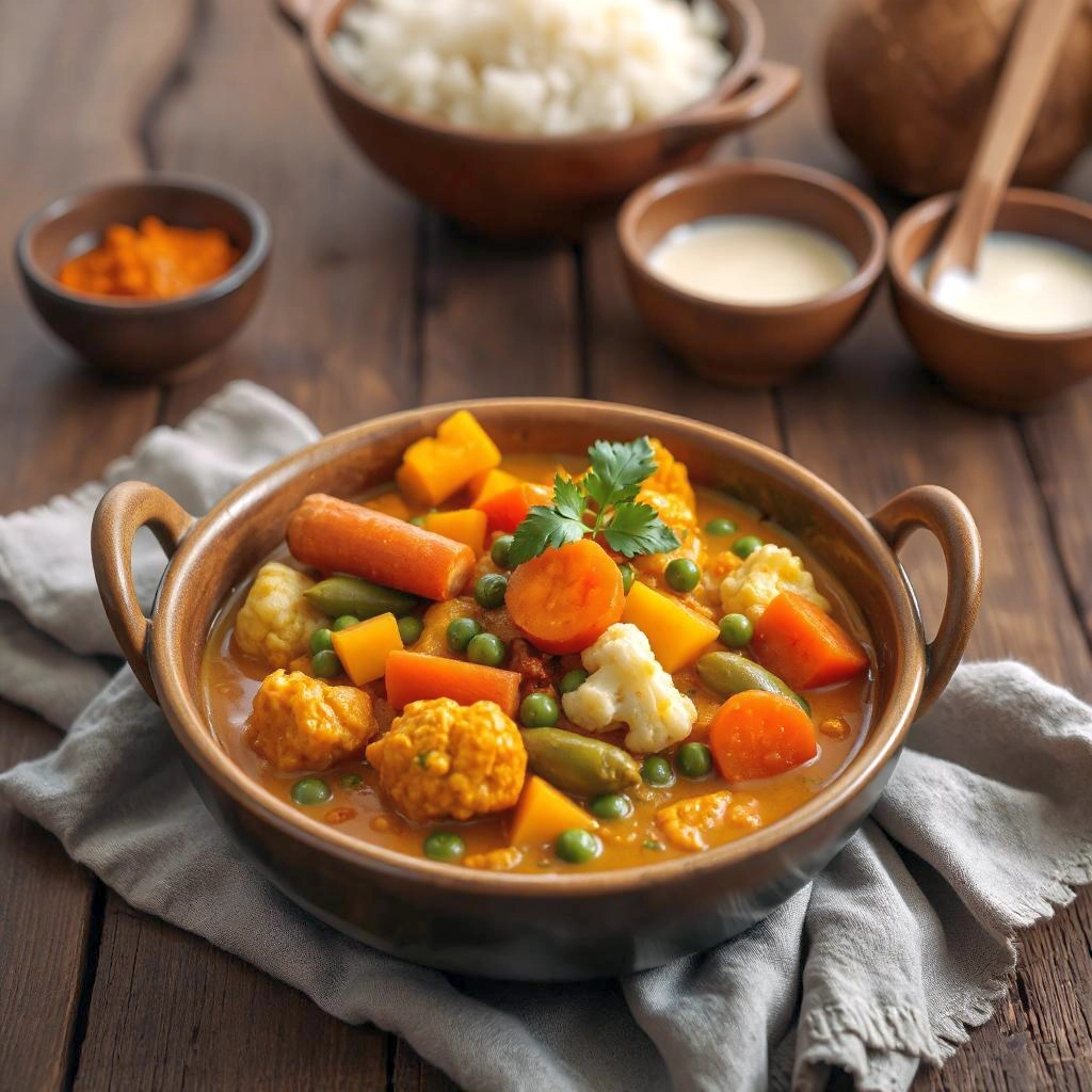 Een kleurrijk bord groentencurry met rijst, gegarneerd met verse koriander en geserveerd in een rustieke setting.