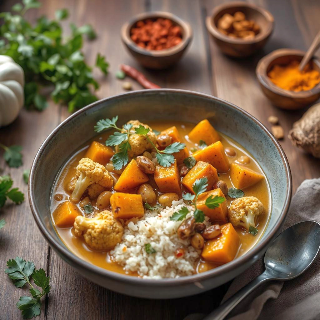 Een bord met hartige retrograde zetmeel curry, met een romige kokosmelkbasis, retrograde linzen en rijst, geroosterde bloemkool en pompoen, gegarneerd met verse koriander.