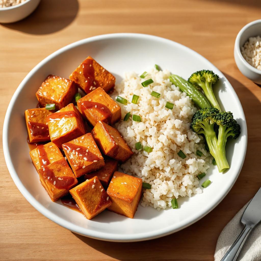 Krokante tofu blokjes bedekt met een glanzende appelpectine-glace, geserveerd op een bord met gestoomde rijst en groenten.