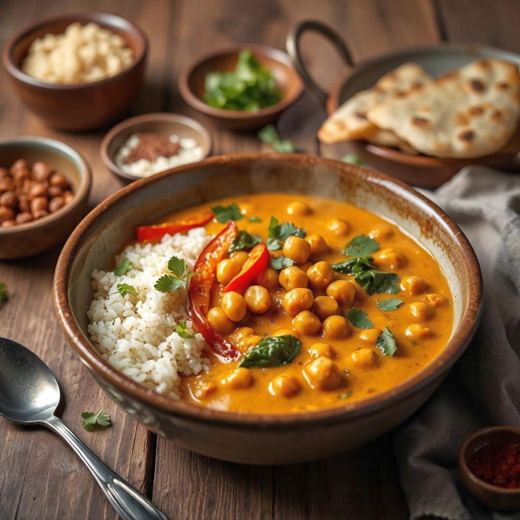 Een kom met een rijke, romige vegan curry met perfect gekookte kikkererwten, verse spinazie, en kleurrijke reepjes paprika, geserveerd met basmatirijst en naanbrood.