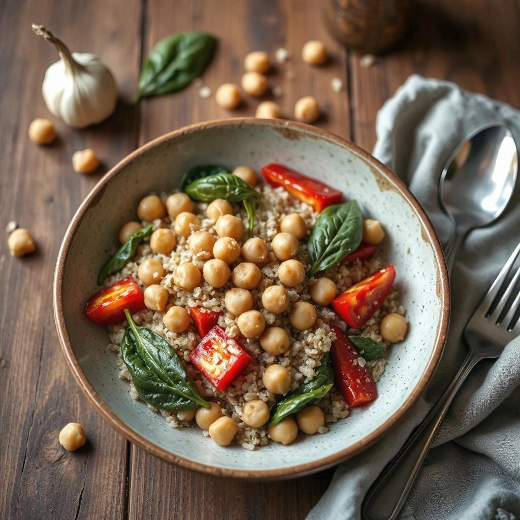 Een kleurrijk veganistisch gerecht met kikkererwten, volkoren granen, spinazie en rode paprika, geserveerd in een rustieke kom op een houten tafel met bestek en een servet.