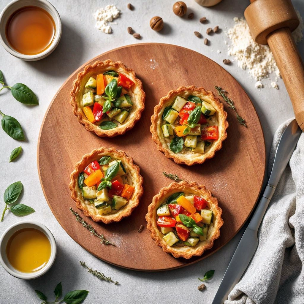 Close-up van goudbruine vegetarische taartjes gevuld met kleurrijke groenten zoals courgette, wortel, rode paprika en spinazie, gegarneerd met verse tijm.
