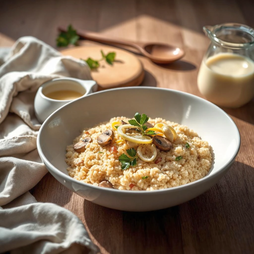 Een diep bord met quinoa risotto, afgewerkt met een romige appelpectine-enkorn room, verse peterselie, citroenzeste en een vleugje olijfolie.